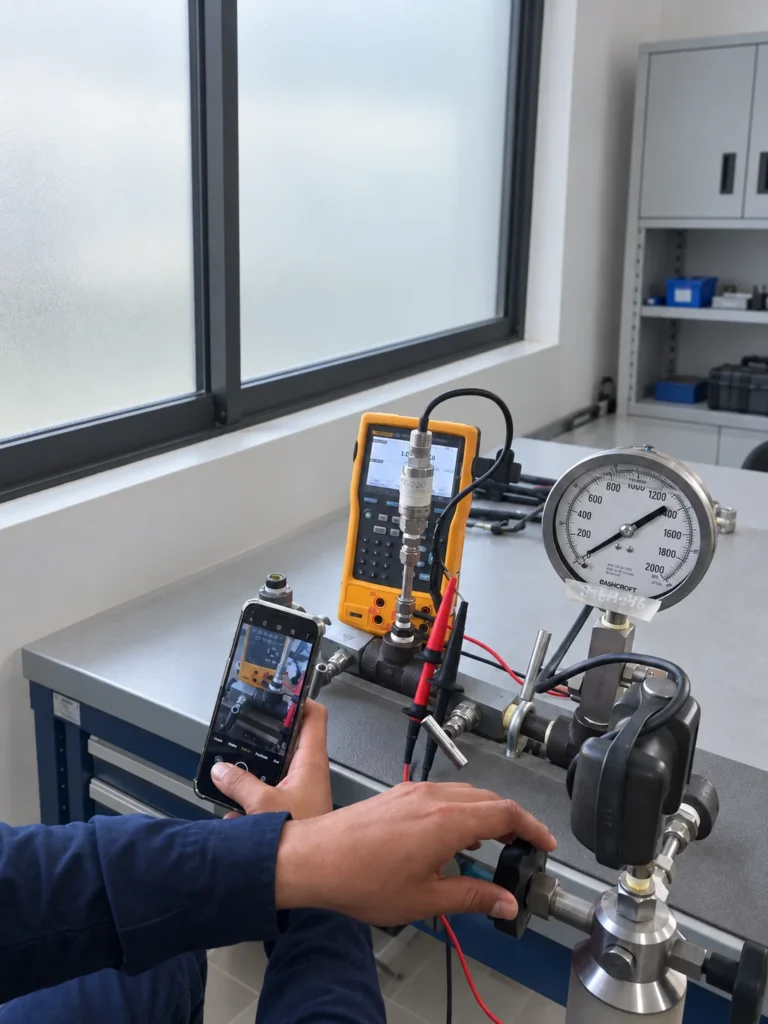 Pressure instrument and calibrator on a workbench