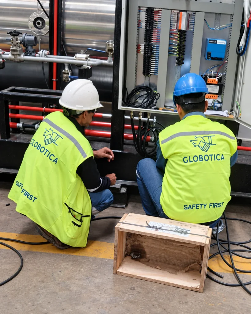 Technical personnel reviewing an industrial control installation