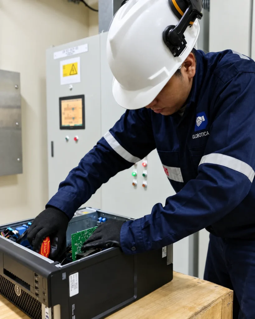 Técnico revisando un variador en banco de trabajo