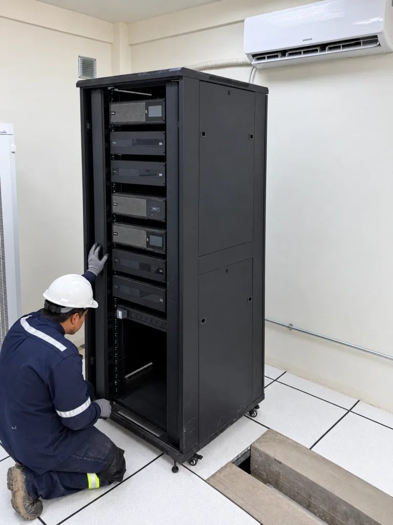 Technician working on an installed UPS cabinet